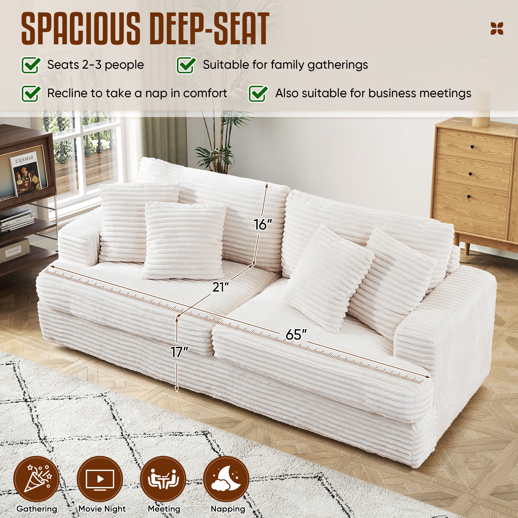 Dinosisco Corduroy Sofa Couch, Upholstered 3-Seater Deep Seat Couch for Living Room, White