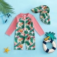 thumbnail image 2 of Krdevn Baby Girls UPF50+ Long Sleeve One Piece Rash Guard Swimsuit with Matching Sun Hat Tropical Fruit Leaf Print Swimwear Size:6-12 Months, 2 of 4