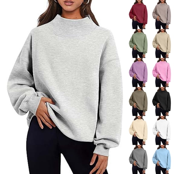 Sevevn Women Mock Neck Sweatshirt Long Sleeve Pullover Casual Loose Fit Fleece Tops Soft Comfy Fall Winter Warm Solid Color Blouse Gray XL