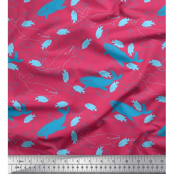 Soimoi Cotton Cambric Fabric Fishing Hook,Fish & Whale Ocean Fabric Prints by Yard 42 Inch Wide