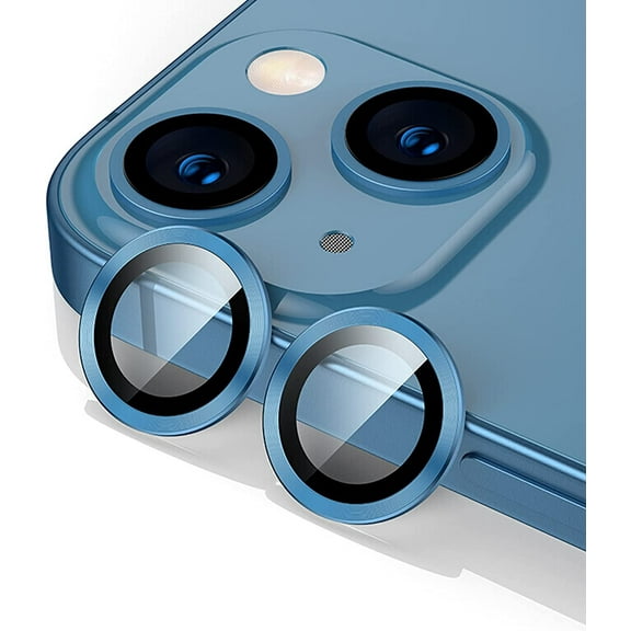 For Apple iPhone 14 / iPhone 14 Plus Metal Ring Crystal Tempered Glass Camera Len Protector Cover Blue
