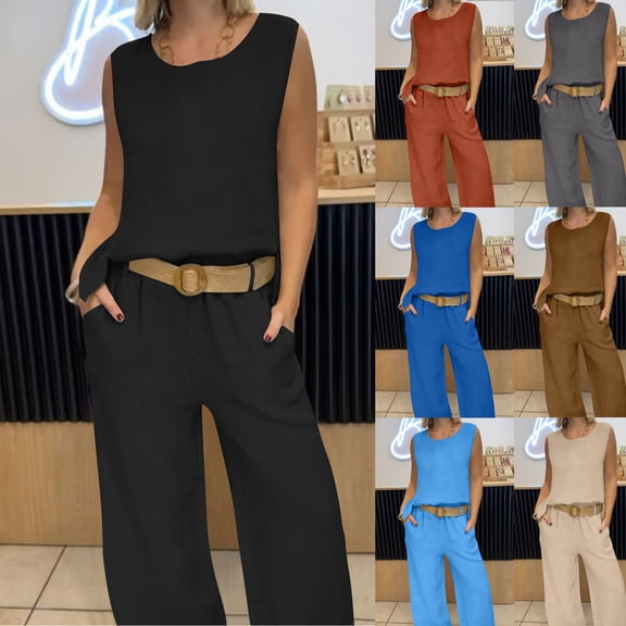 CHUMUD Womens Summer Casual 2 Piece Cotton Linen Sets Sleeveless Top Matching Wide Leg Pants Lounge Travel Outfits (Avail for Plus Size)