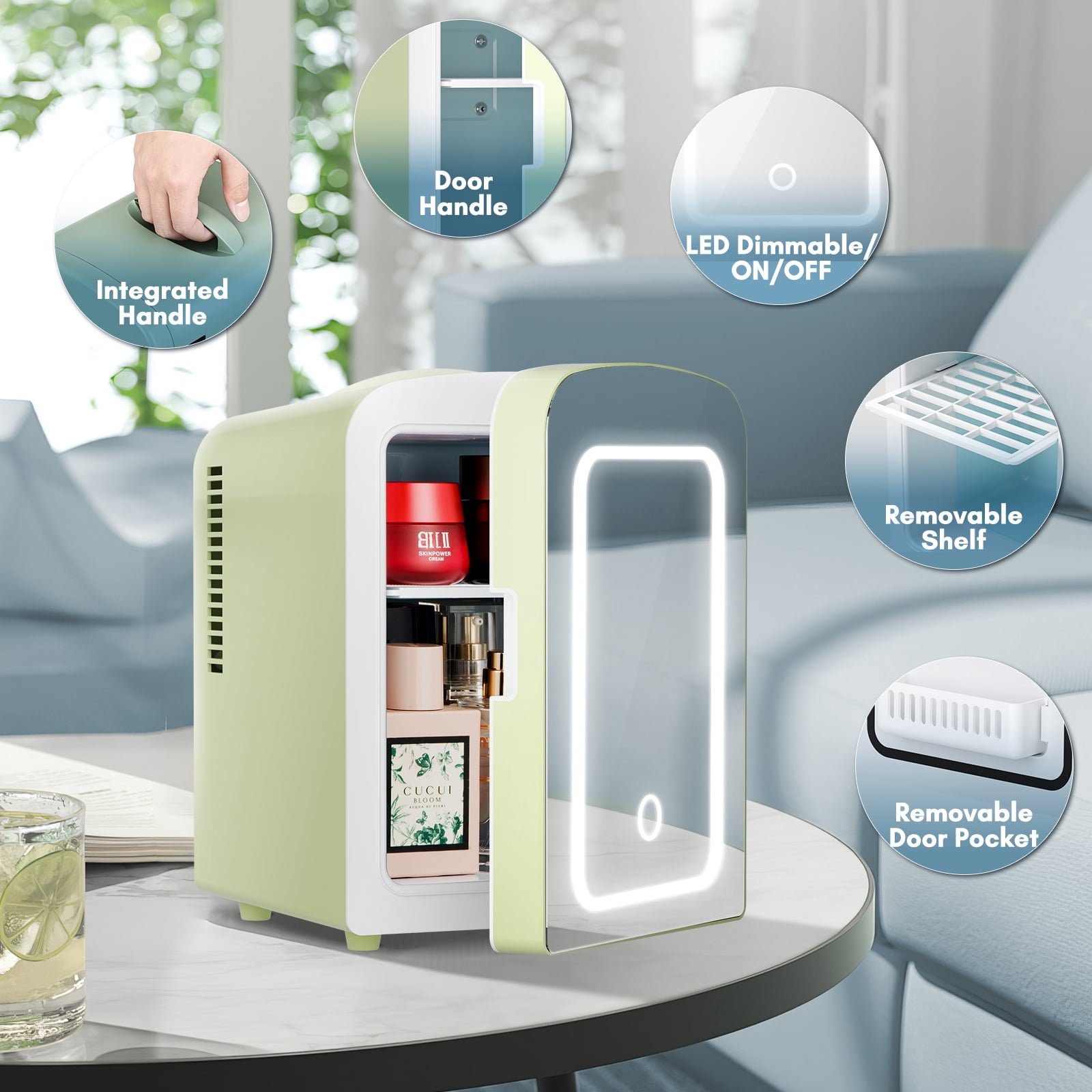 Auseo Mini Personal Fridge Cooler, LED Lighted Mirror, 4L Capacity Portable, Makeup and Skincare - AC/DC Refrigerator, Car, Office Desk & Dorm - Chills 6 Cans, GREEN