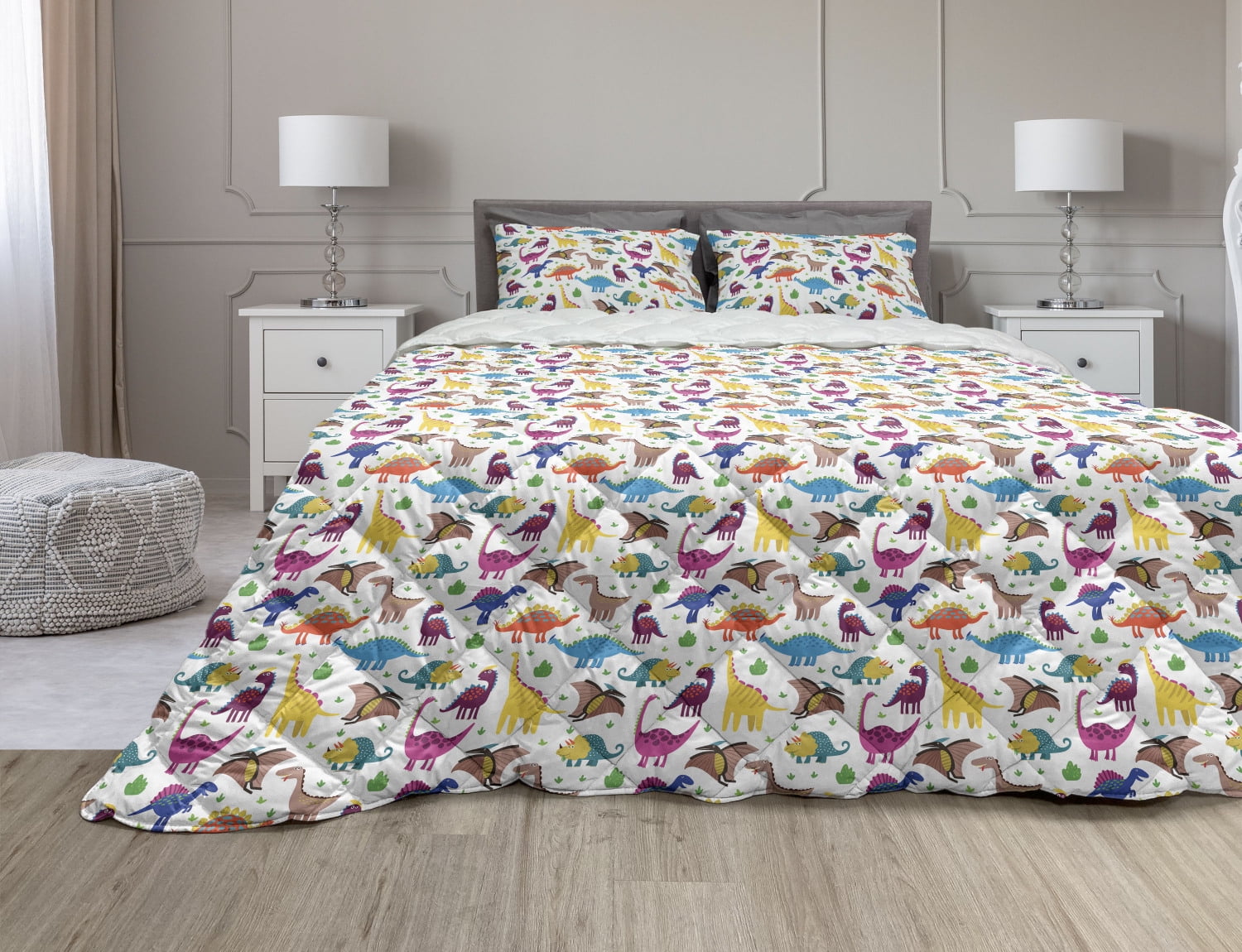 Cartoon Comforter & Sham Bedding Set, Funny Dinosaurs and Dragons