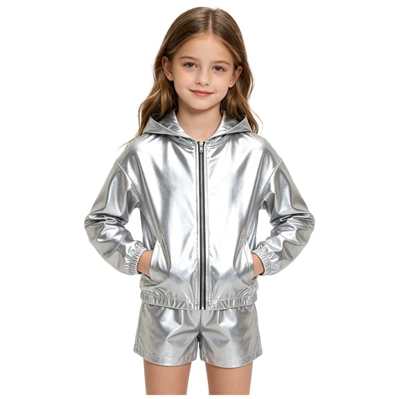 Aiihoo Kids Girls Hip Hop Hooded Jacket Sparkly Metallic Zipper Short Jacket Coat Outerwear Club Rave Wear Silver 12