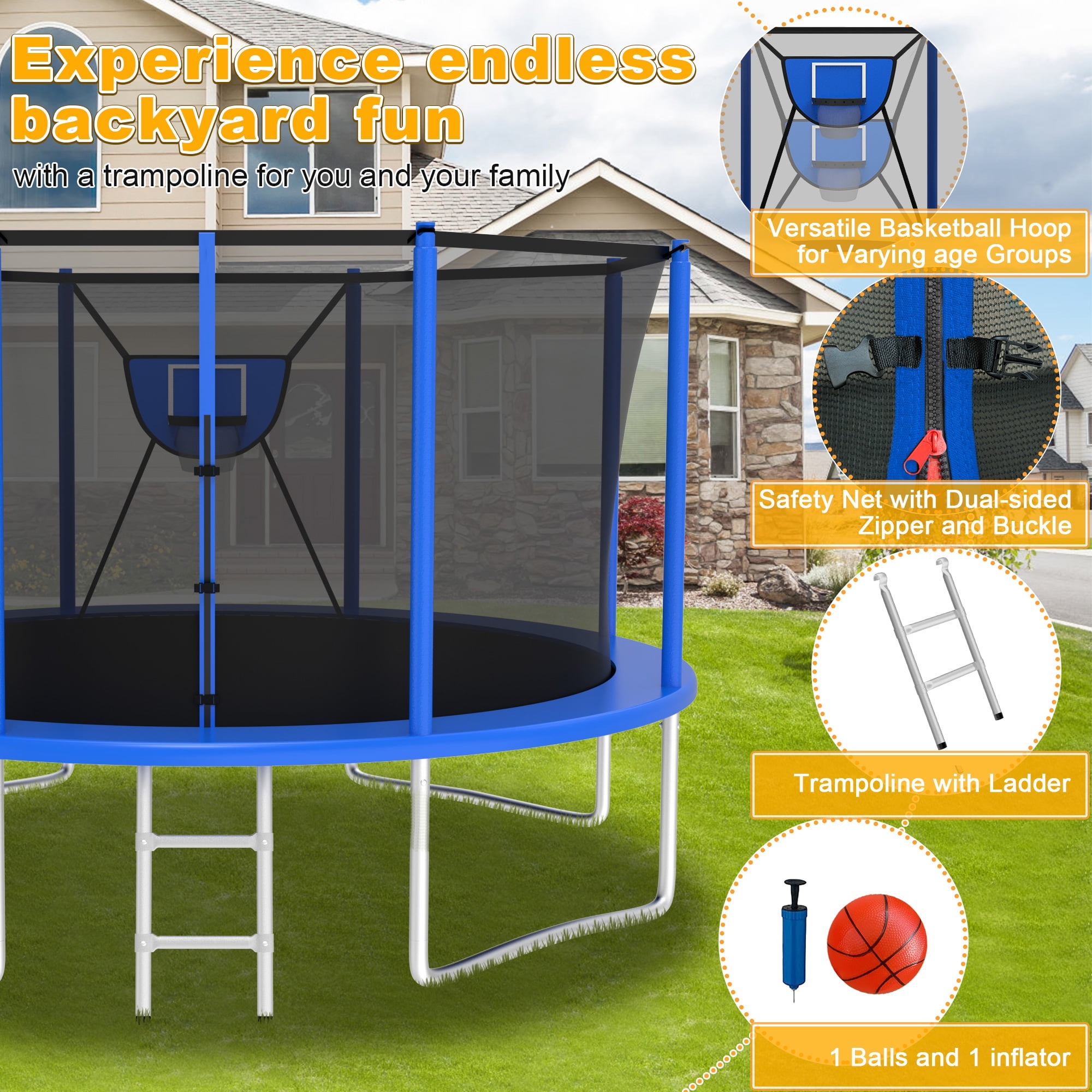 XMIKA Trampoline with Enclosure for Kids, 1200LBS 12FT Trampolines with Basketball Hoop, 10FT 14FT 16FT Outdoor Heavy Duty Recreational Trampoline with Ladder, Lights, Sprinkler, Easy to Install