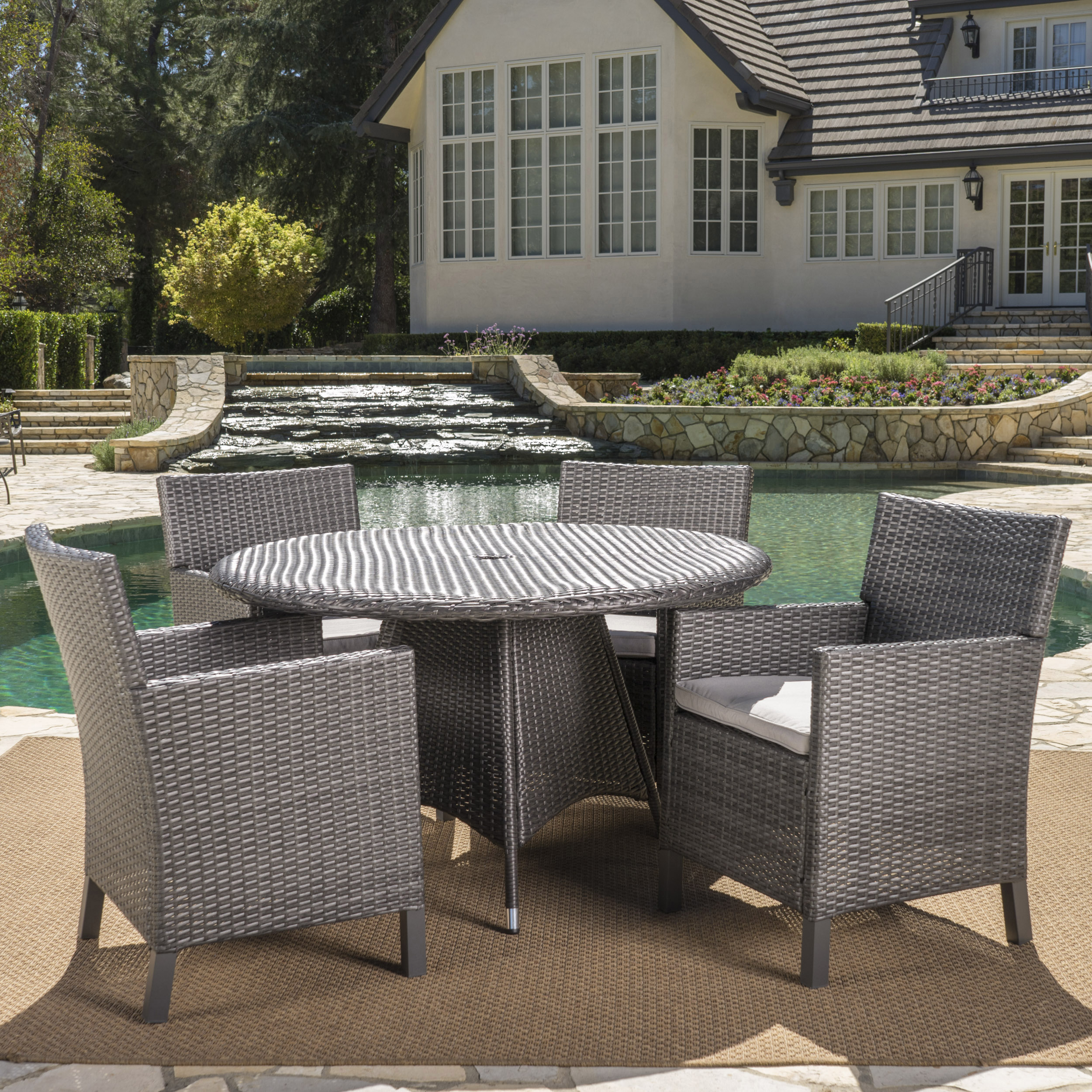 Noble House 5-Piece Wicker Weatherproof Dining Furniture Sets Grey