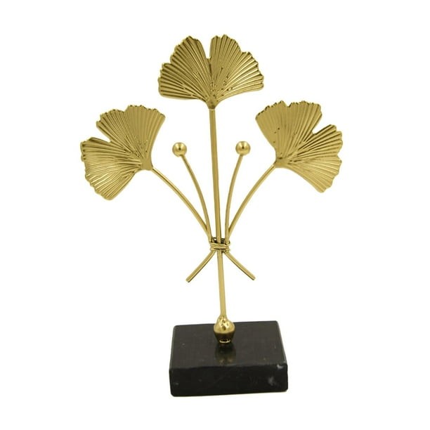 Adorno de hoja de ginkgo de lujo, figura de hoja, base de mármol, escultura de hojas de metal para Estilo A