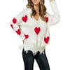 Womens Casual Heart Patcwork V Neck Knit Sweater Ladies Long Sleeve Ripped Hem Loose Pullover Jumper