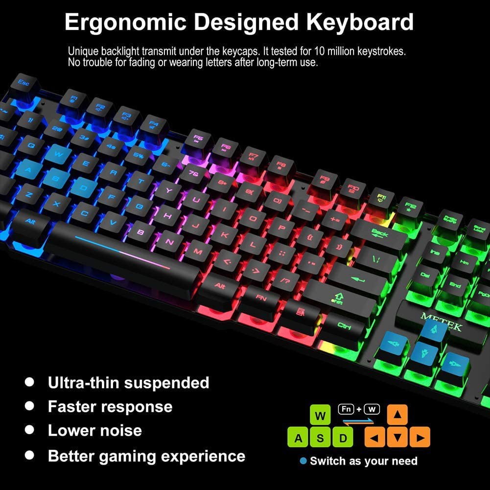 MFTEK Gaming Keyboard and Mouse Combo with Large Mouse Pad, RGB Rainbow  Backlit Gaming Keyboard and Illuminated Gaming Mouse, USB Wired Set for 