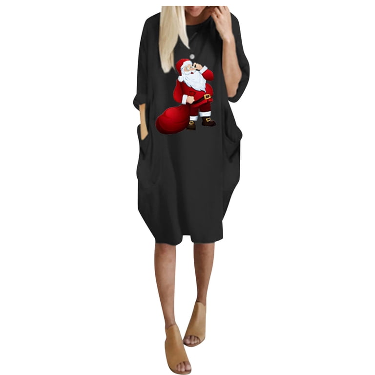 Kiplyki Women's Christmas Dress Plus Size The Winter Loose Pocket Printed Dresses