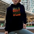 thumbnail image 2 of Born to Golf Forced to Work, Enthusiast Quote with Clubs & Balls, Golfing or Golfer Themed Merch Gift, Navy Blue Hooded Sweatshirt or Hoodie, Small, 2 of 5