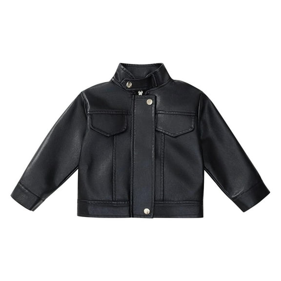 CYRBOKO Boys Leather Jackets, Full Zip Loose Long Sleeve Casual Stand Collar Outerwear with Pockets Black Size 10-12 T