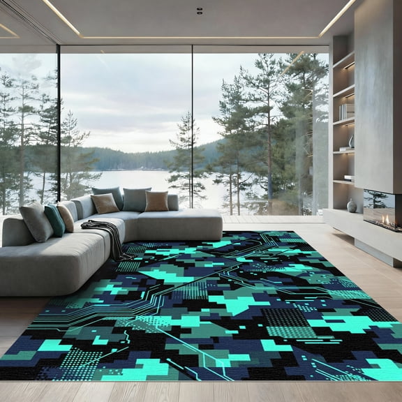 ODIKA 4' x 6' Machine Washable Non-Slip Area Rug, geometric geometric High Traffic Rug, Blue, 1269535