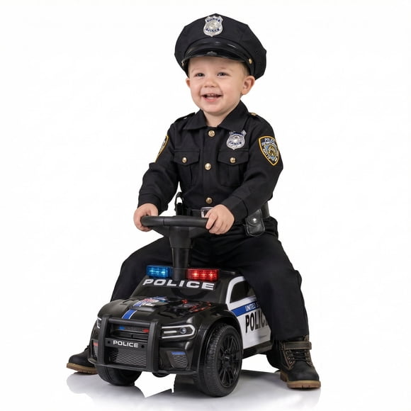 OLAKIDS Ride On Push Police Car, Toddler Foot-to-Floor Sliding Toy with Siren, Steering Wheel, Megaphone, Horn, Headlights, Under Seat Storage, Kids Racer Walking Gift for Boys Girls 1-3