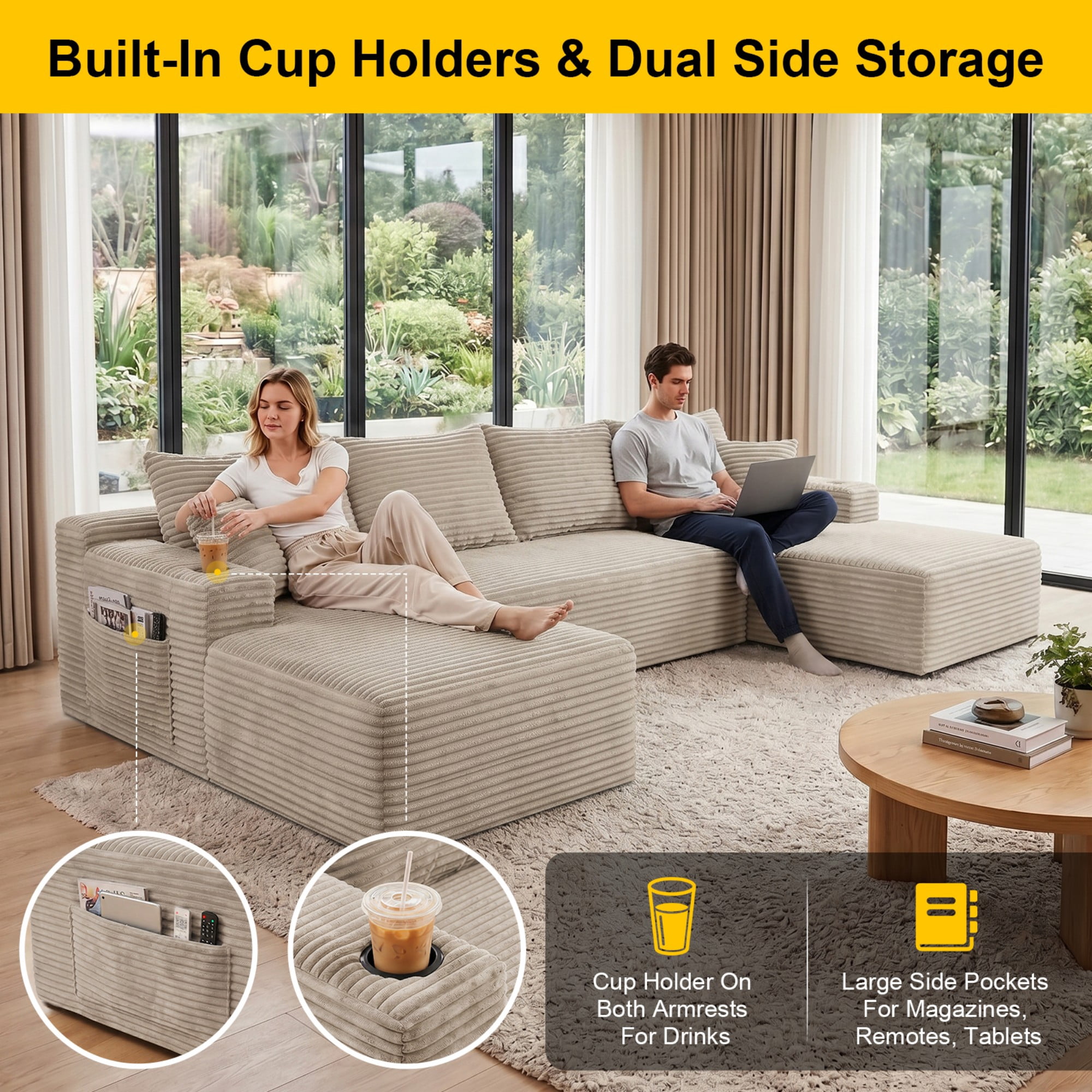 DEALTOPS 134" Corduroy U-Shape Modular Cloud Couch, Double Chaise Sectional Sofa with Cup Holders, Beige