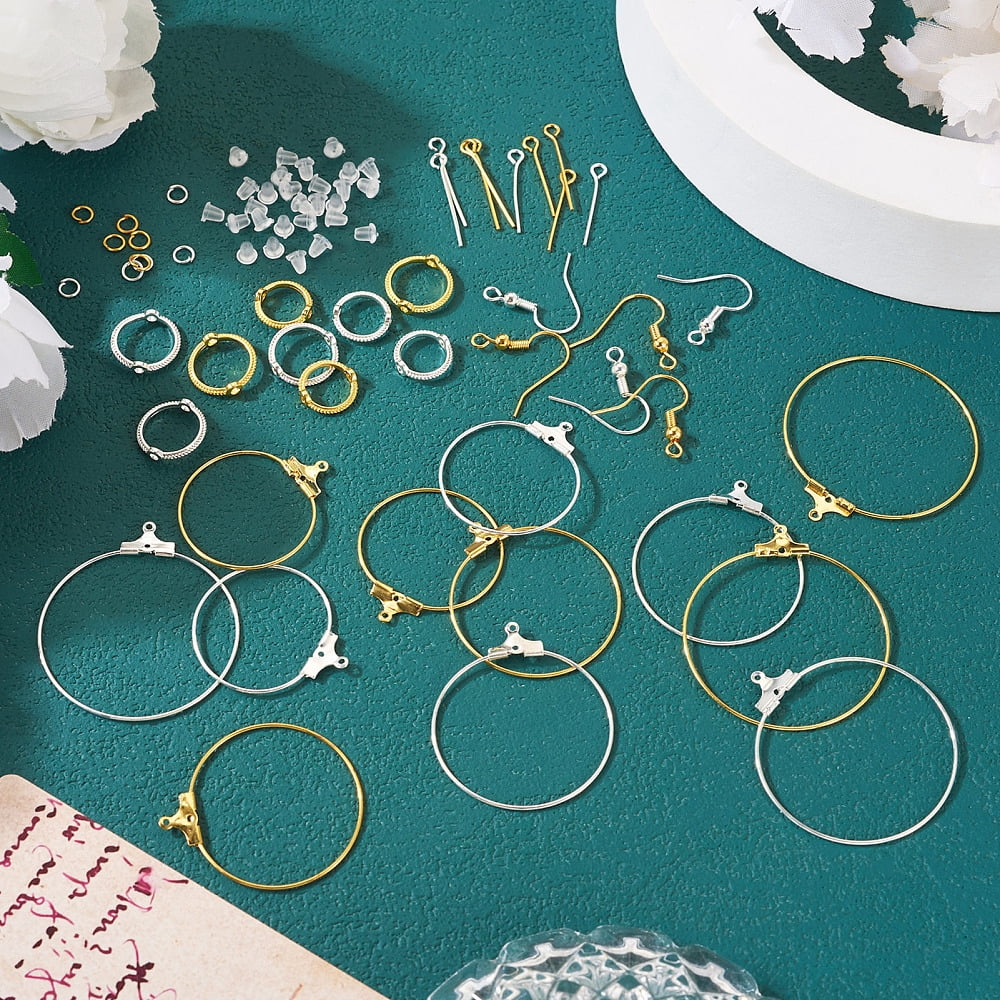 1Box DIY Earring Making Finding Kit Including Iron Ring Wire Pendants Alloy Bead Frames Plastic Ear Nuts Golden & Silver 690Pcs/box