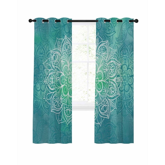 Teal Boho Flowers Blackout Curtains for Bedroom Living Room, Vintage Abstract Watercolor Teal Bohemia Floral 90 In Long Thermal Insulated Room Darkening Drapes Grommet Window Treatments, 52 x 90 In