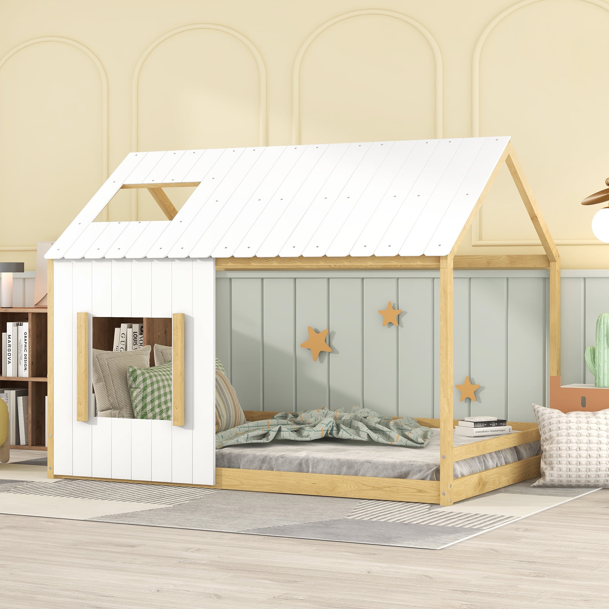 Bellemave Full Size Kids House Bed, Montessori Floor Bed with Roof and