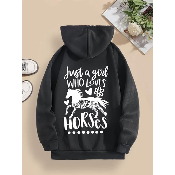 Women'S Horse Lover Hooded Sweatshirt - Grey Pullover with Galloping Horse & Rider Graphic, "Just a Who Loves Horses" Lettering, Relaxed Fit with Pockets - Cozy Fall Winter Warmth, Durable Machine-Wa