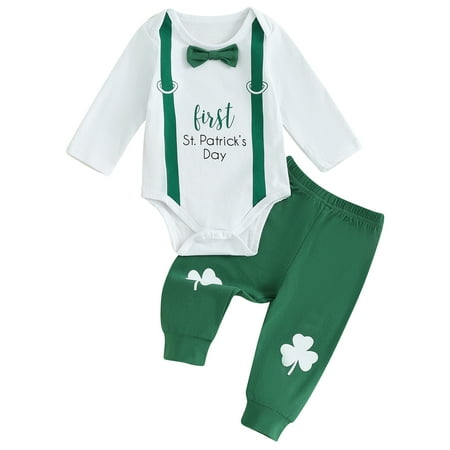

Wallarenear My 1st St.Patrick s Day Outfits Shamrock Print Long Sleeve Romper Pants Hat White 12-18 Months