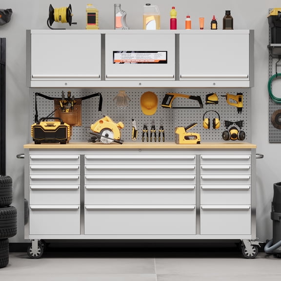 72 Inch Mobile Tool Cabinet, 15-Drawer Rolling Tool Chest with Rubber Wood Top, Locking Wheels & Keyed Lock, Heavy-Duty Rolling Tool Storage for Garage, Shop, and Professional Workshop Use