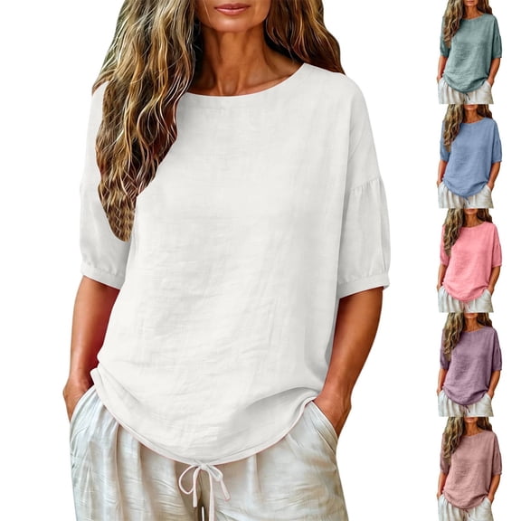 Helii Women's Cotton Linen Blouse – 3/4 Lantern Sleeve Round Neck Top, Plus Size Loose Fit Tunic with Drawstring Hem, Breathable Summer Shirt for Casual Vacation Dark Purple,L