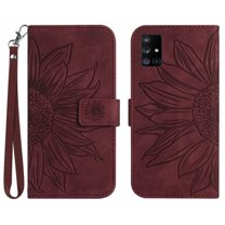 Mantto for Samsung Galaxy A71 5G 6.7 inch Wallet Case with Wrist Strap,Stylish Sunflower Embossed PU Leather Shockproof Protective Magnetic Clasp Flip Stand Card Slots Phone Cover,Winered