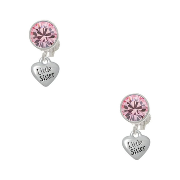 Delight Jewelry Silvertone Mini 3-D ''Little Sister'' Heart Pink Crystal Clip on Earrings
