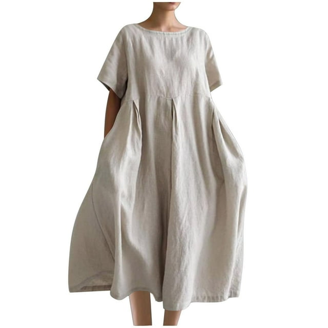 Robes Caftans en Coton et Lin pour Femmes Grande Taille à Manches Courtes Amples et Larges Robe Maxi Plissée à Volants Longue Robe Gris, 3TG