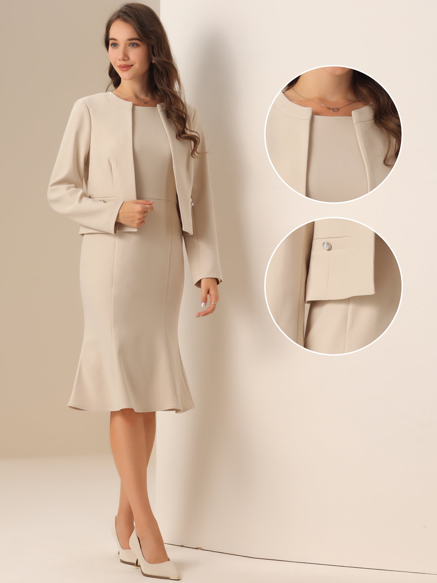 DARING DIVA Women's 2Pcs Suit Sleeveless Dress Crop Blazer Set M Beige