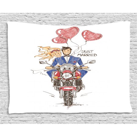 Motorcycle Tapestry, Sketch of a Married Couple on Bike with Hand Drawn Heart Shaped Balloons Wedding, Wall Hanging for Bedroom Living Room Dorm Decor, 60W X 40L Inches, Multicolor, by