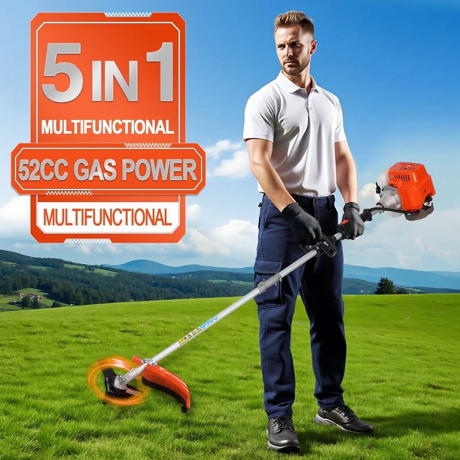 5 in 1 Gas Weed Eater, 52CC 2-Stroke Weed Eater Gas Powered, Petrol Hedge Trimmer with Attachments, Brush Cutter Gas Weed Wacker for Weed Grass and Bush