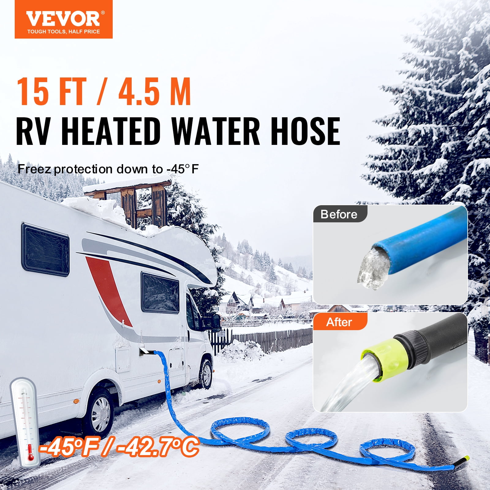 VEVOR 15ft Heated Water Hose for RV, Heated Drinking Water Hose with Corrugated Cover Antifreeze to -45°F, Automatic Self-regulating, 5/8" I.D. with 3/4" GHT Adapter, Lead and BPA Free