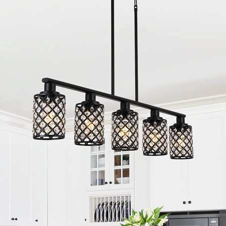 

JSTCL Kitchen Island Lighting 5-Light Dining Room Light Fixture Over Table Black Linear Chandelier with Black Handmade Crystal Shade Pendant Lighting for Kitchen Light Dining Table Living Room