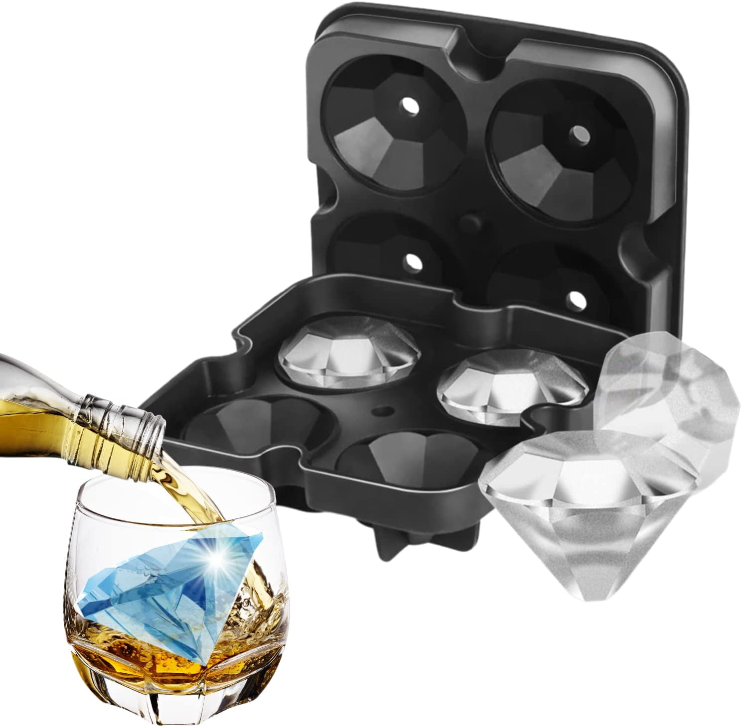 SAWNZC Ice Cube Trays Diamond Ice Cube Molds Reusable Silicone Flexible 4 Ice Trays Maker with Lid for Chilling Whiskey Cocktails, Funnel Included, Easy