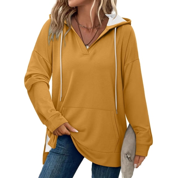 Busydd Womens Hoodies Fashion Solid Color Long Sleeve Tops for Women Casual Comfy Slit Hoodies for Women with Pocket and Drawstring L