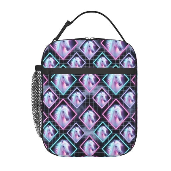 White Horse Lunch Bag Handheld Portable Reusable Cooler Tote Front Pocket Work Office Commute Daily Food Container