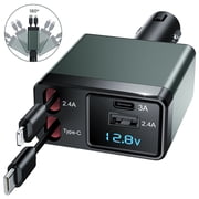 NEXPOW Retractable Car Charger Adapter, 150W Fast Charger for Car, 4 in 1 Car Phone Charger with Cables(2.6ft), 180° Adjustable,Voltage Display-Green