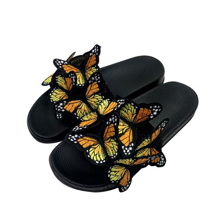 Womens Dressy Sandals Butterflies Embroidered Fashion Slides Comfy Soft Open Toe Slip On Walking Shoes Casual Summer Boho Slippers