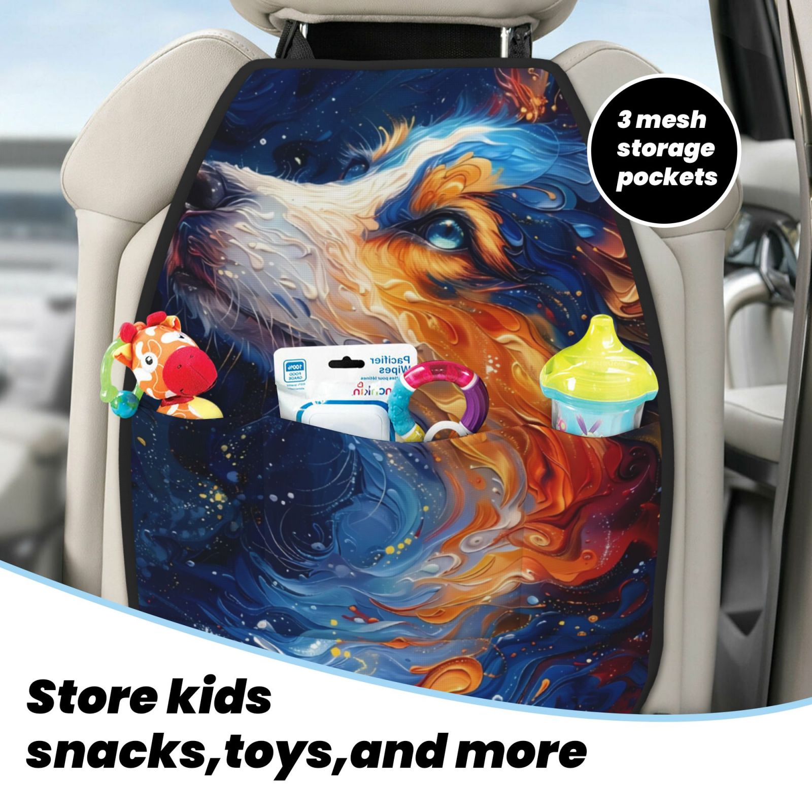Kdxio Galactic Dog Swirls Art Print 2 Pack Car Kick Mat Seat Cover Back Protector Mat with Pockets for Organizer Backseat Protector and Storage Anti Kick Pad for Vehicles