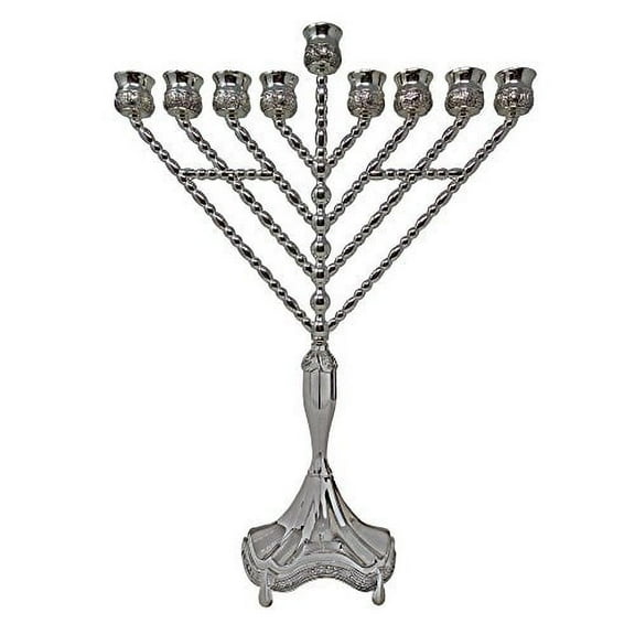 Ner Mitzvah, 18" High, Silver Plated Hannukah Oil Cups And Large Candles Menorah - Olive Branches Style
