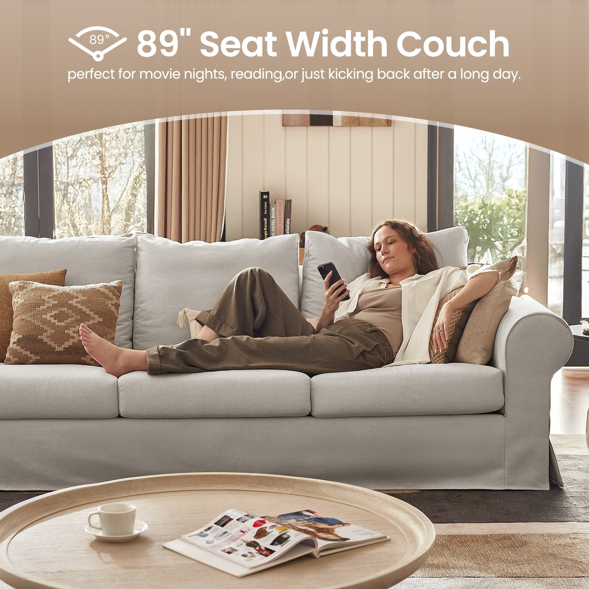 Vorthio 89" 3-Seater Couch for Living Room, Contemporary Fabric Sofa with Rolled Arm, Gray