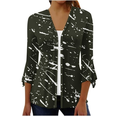 

DDAPJ pyju Cardigan for Women 2023 Trendy 3/4 Sleeve Open Front Button Shirts Casual Print Draped Blouse Jacket Plus Size Lightweight Cardigans