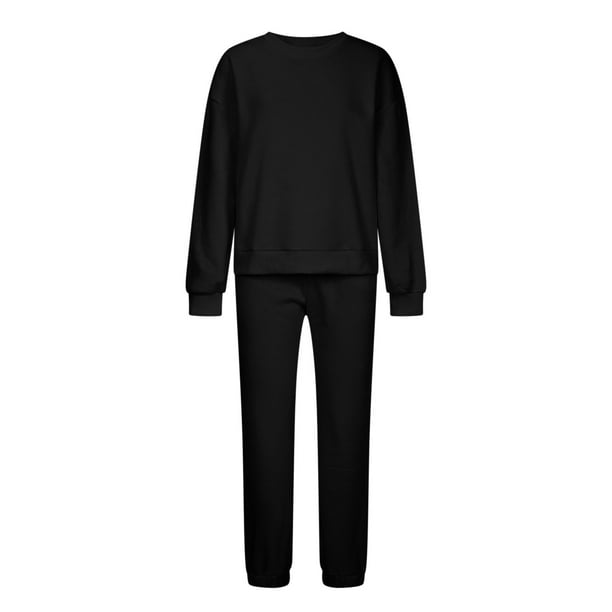 SUWHWEA Women Casual 2 Piece Outfits Long Sleeve Loose Tops Skinny Round  Neck Long Pants Sets Sweatshirts Suit Matching Sets for Women Black S 