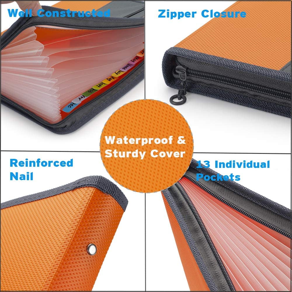 13 Pocket Expanding File Folder with Sticky Labels, Accordion File Folder Document Organizer Expanding Zip File Folder with Zipper ClosureLetter A4 Paper Document Accordion Folder,