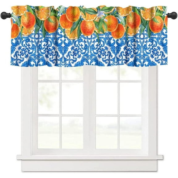 Italy Blue Tile Orange Window Valance Curtains, Italian Navy Blue Burlap Watercolor Orange Summer Fruit Window Valances for Farmhouse Kitchen Living Dinning Room Café Décor 54x18inch
