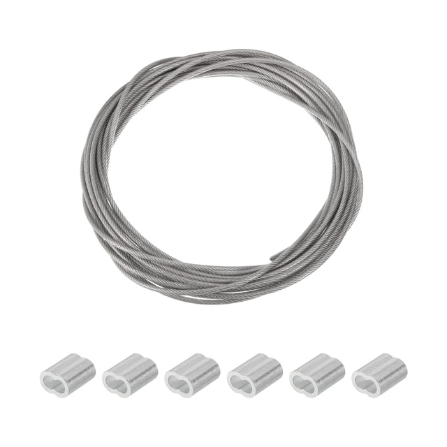 Unique Bargains 4/25' OD 32.8 Ft 304 Stainless Steel Cable Wire Rope with Aluminum Sleeves 7 x 7 Strand Rope Silver