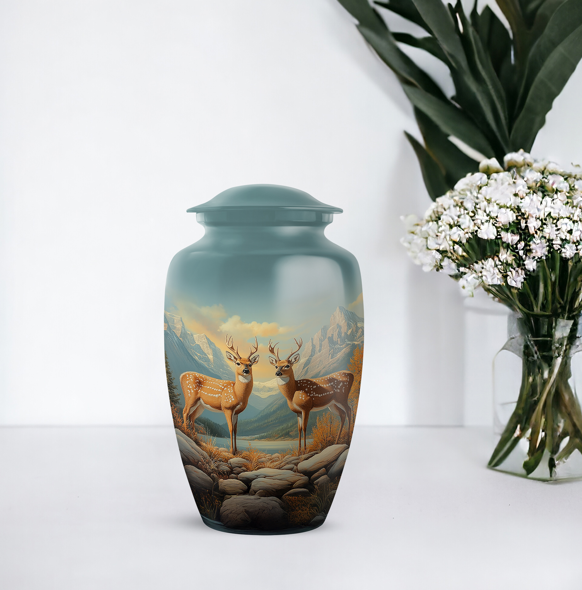 Deer Funeral Urn For Adult Male - Memorial Cremation Urns For Human Ashes Adult Female - Blue Urn For Man And Woman - Large Decorative Urns For Human Ashes Mother - 10 Inch