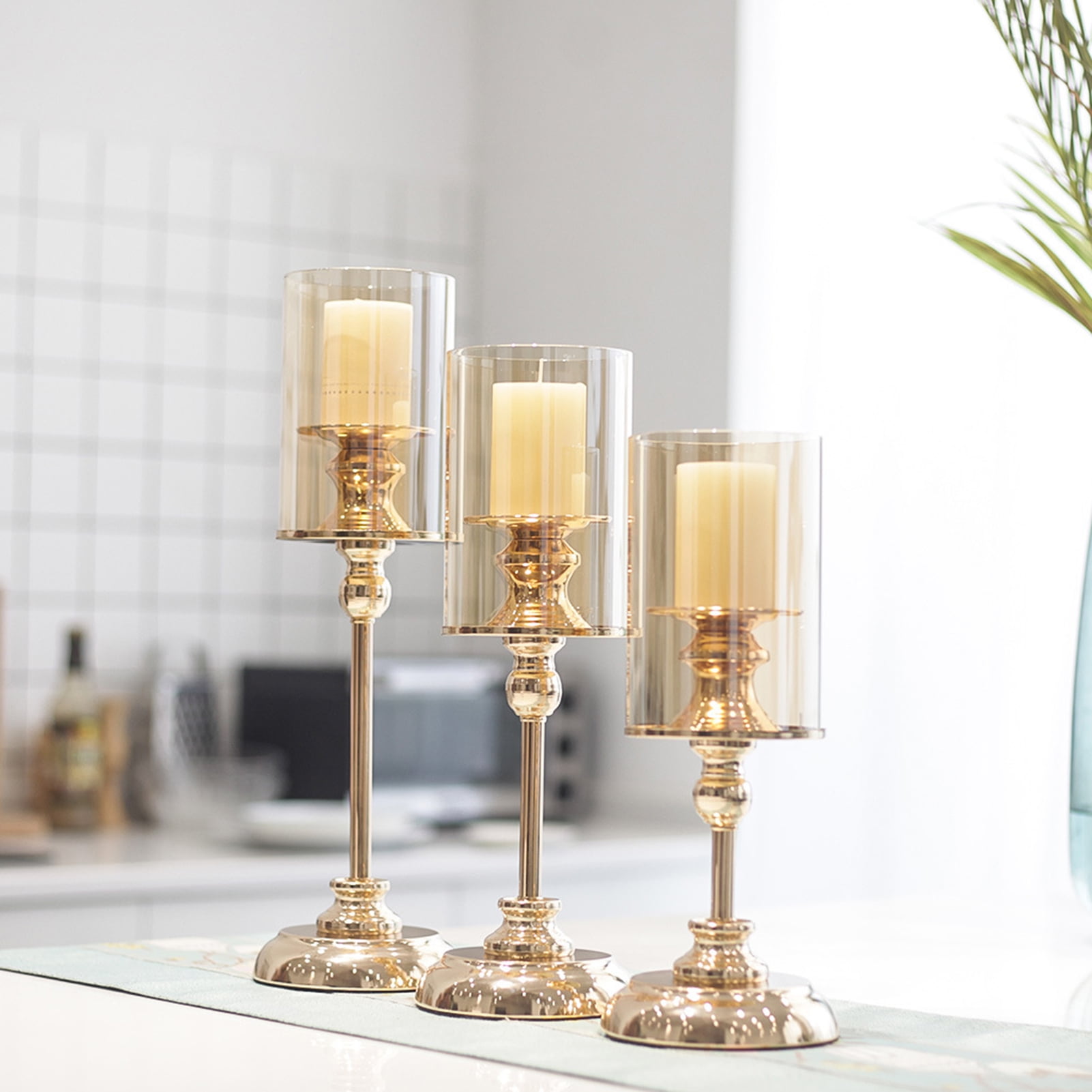 Fichiouy European Romantic Golden Candle Holder with Candle Glass Metal  Candelabra Home Decoration for Living Room Dining Table Entrance